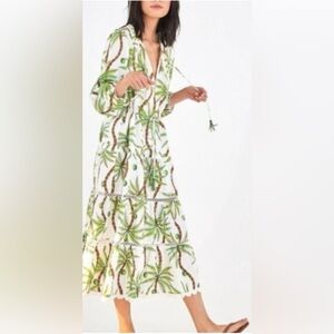 FARM Rio Green and Brown Palm Print Midi Dress